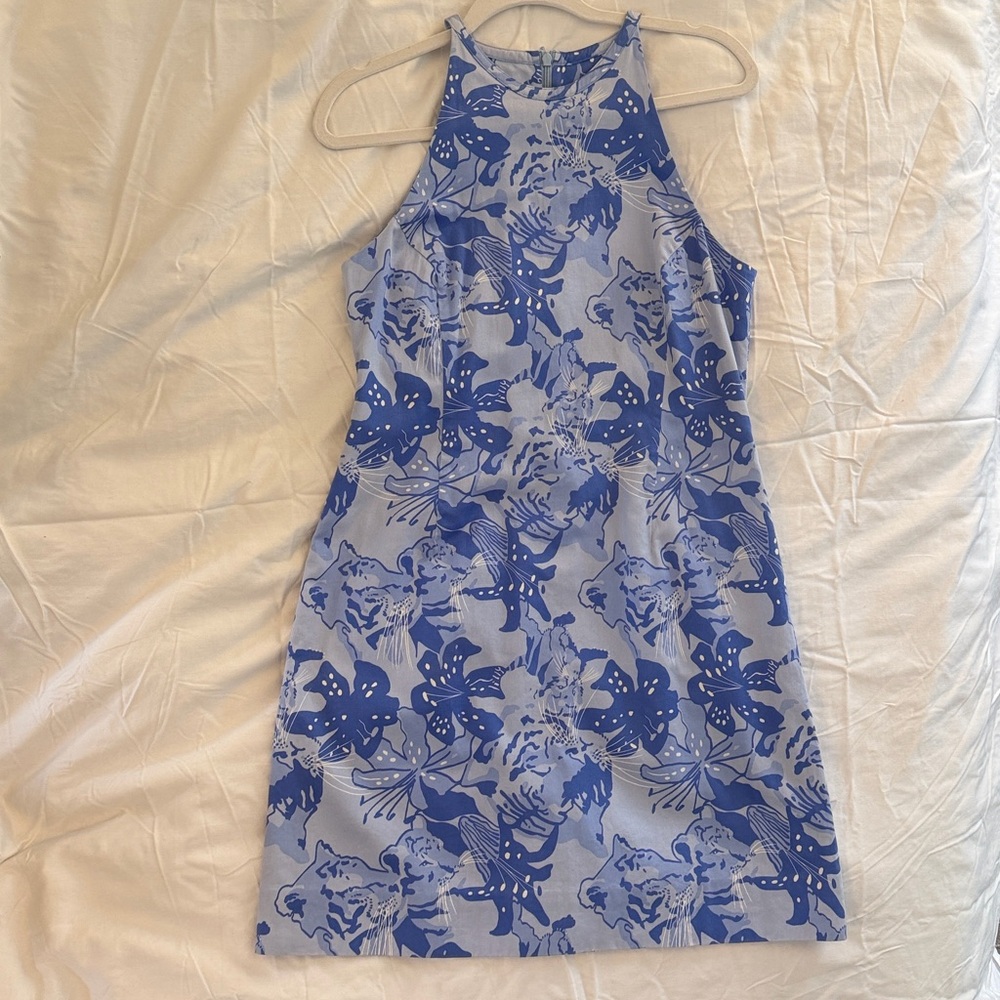 Lilly Pulitzer Blue Jaguar & Floral Printed Cotton Halter Dress (Size 12)